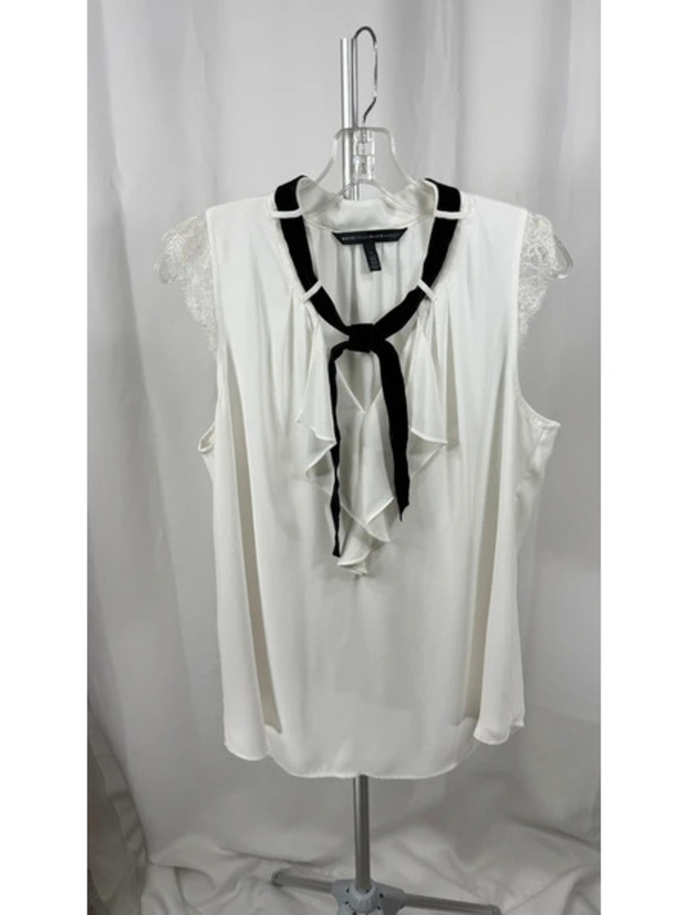 White House Black Market Silk Blouse Large Lace Bow Tie Elegant 1012